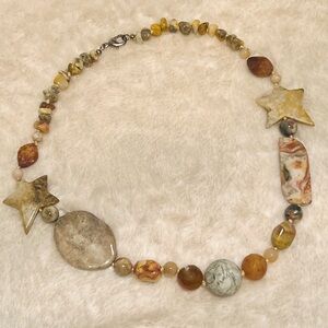 NWOT 🤎 VINTAGE 20” CHUNKY GENUINE JASPER STONE STARS & BEADS PENDANT NECKLACE